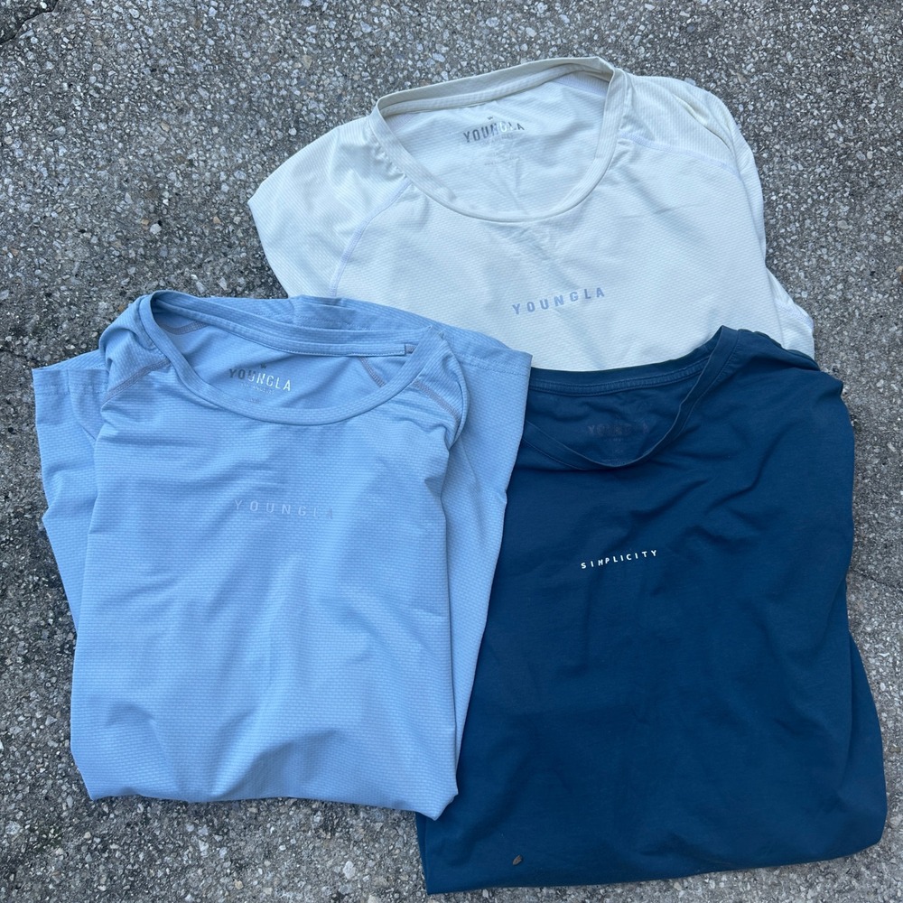 YoungLA Mens Shirt Bundle of 3 Performance Gym Tee Simplicity Blues/Cream Large